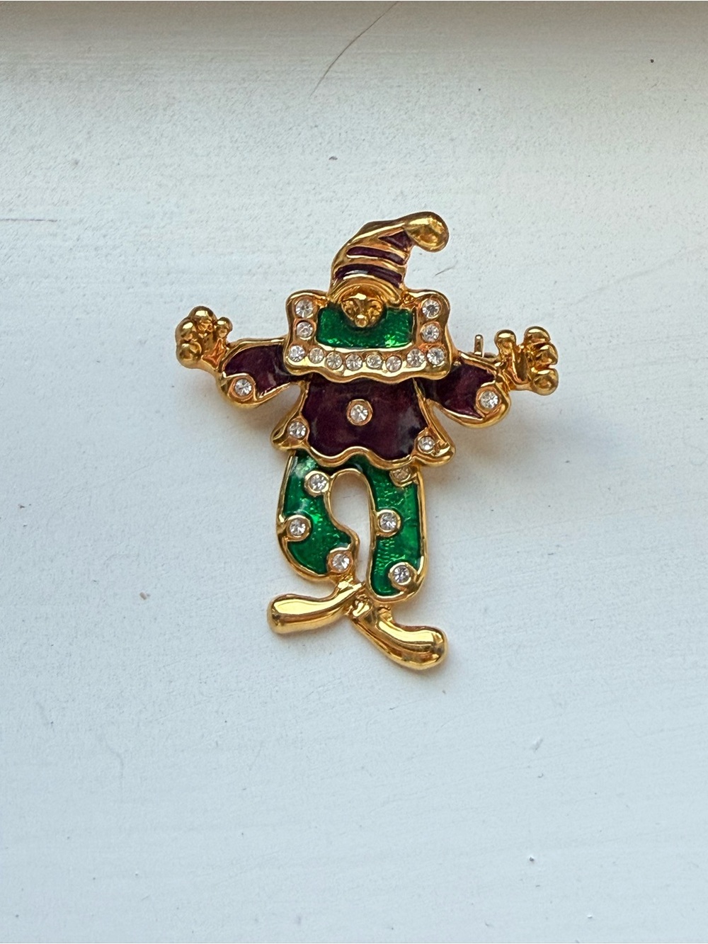 Vintage Festive Jester Clown Brooch — Green and Purple Enamel with Rhinestones